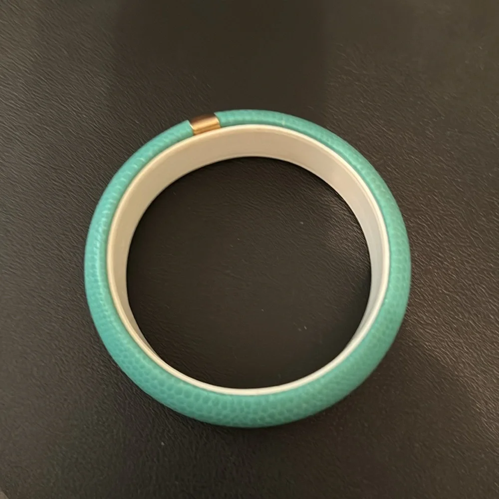 Vintage Plastic Bangle Bracelet, Faux Leather Exterior, Teal, Retro, Boho